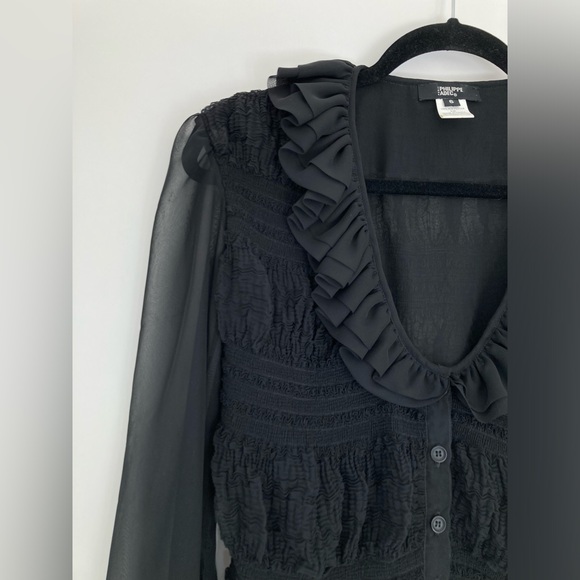 Philippe Adec Paris Ruffle Shirred Romantic Poetic Sheer Blouse Button Sexy Sz 6 - Picture 5 of 7
